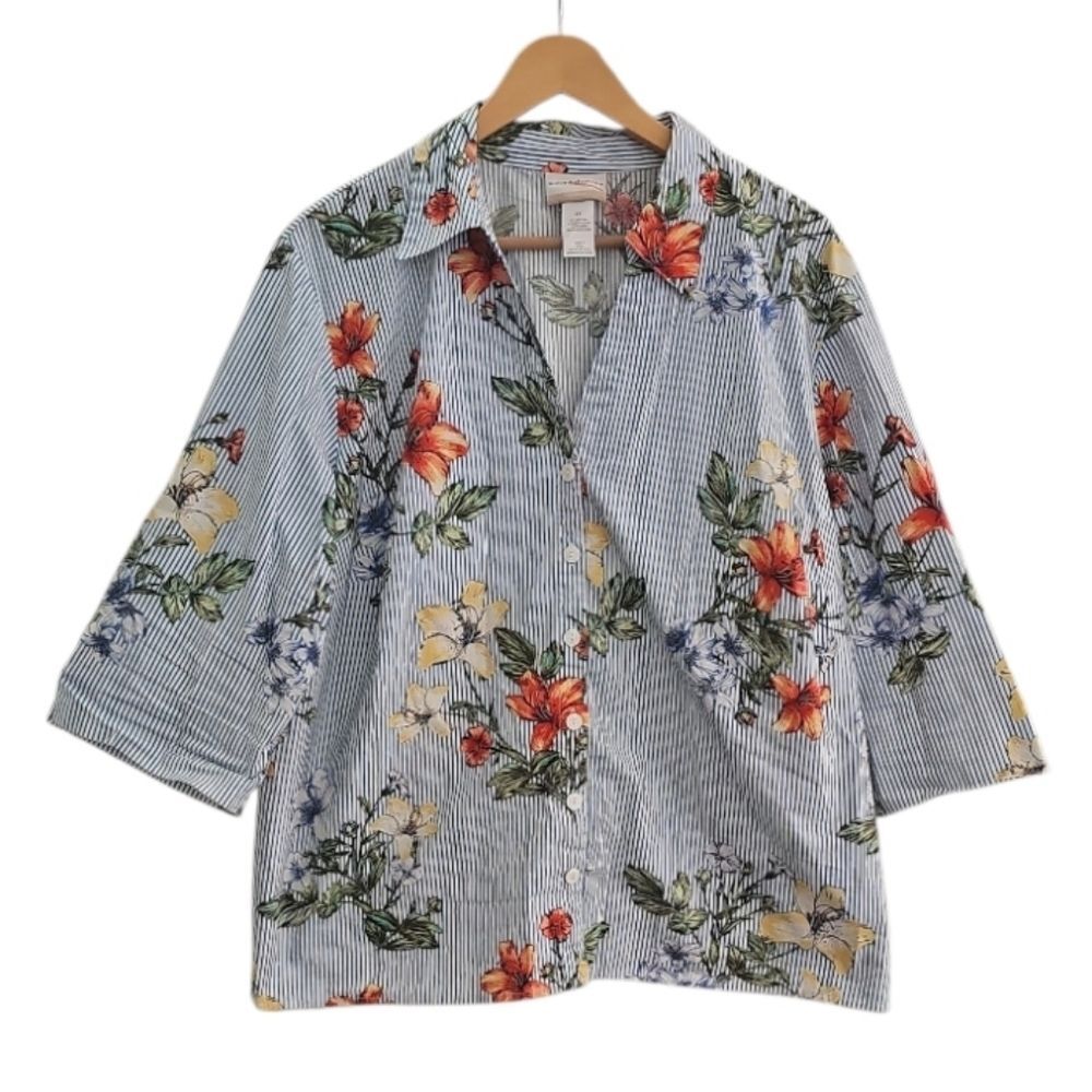 Alfred Dunner Floral Stripe Button Up Blouse Women’s 2X Cottage Coastal Chic